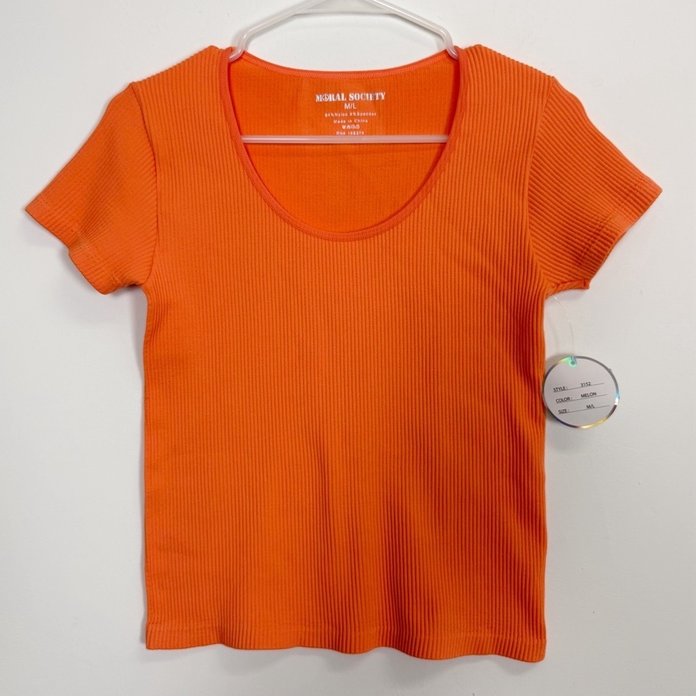 Moral Society Ribbed Tee Cropped Juniors M/L Medium Large Orange NWT Stretch
